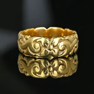 Antique 18K Gold Floral Carved Wide Wedding Ring Band