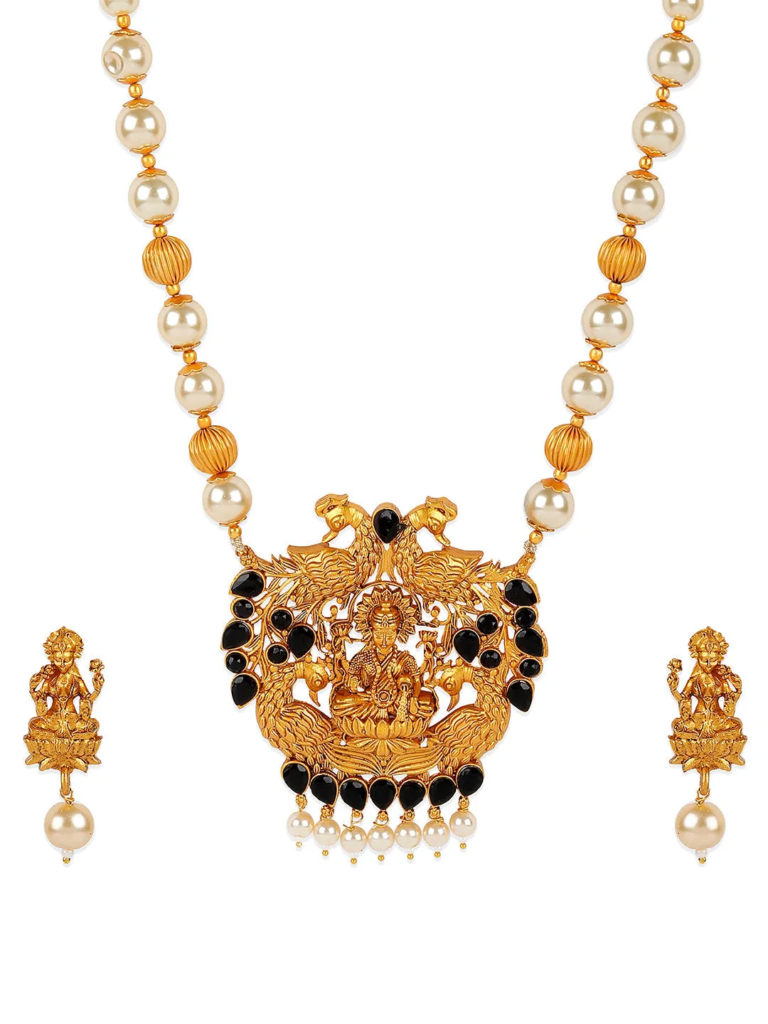 Antique Matte Gold Finish Goddess Laxmi Black Stone Studded Temple Jewellery Set - Anikas Creation