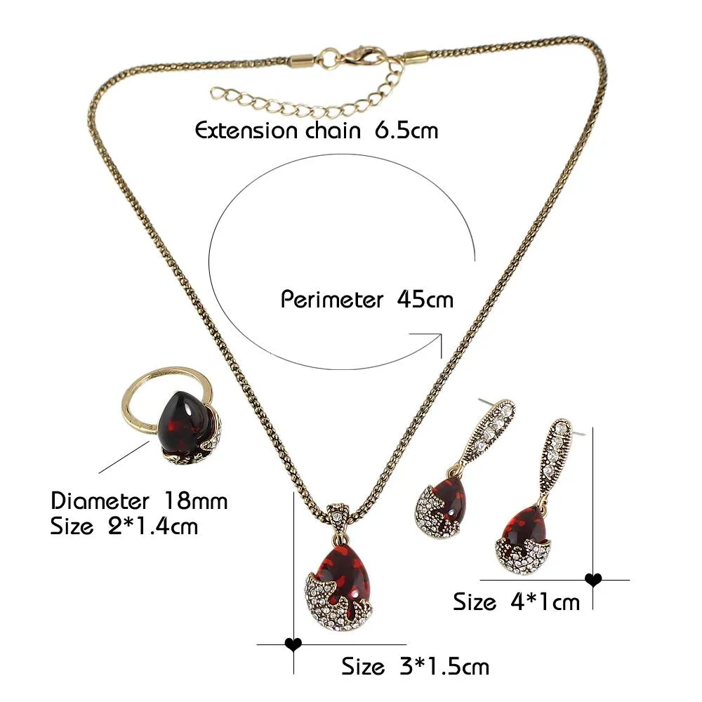 Antique Red Stone Water Drop Pendant Jewelry Set