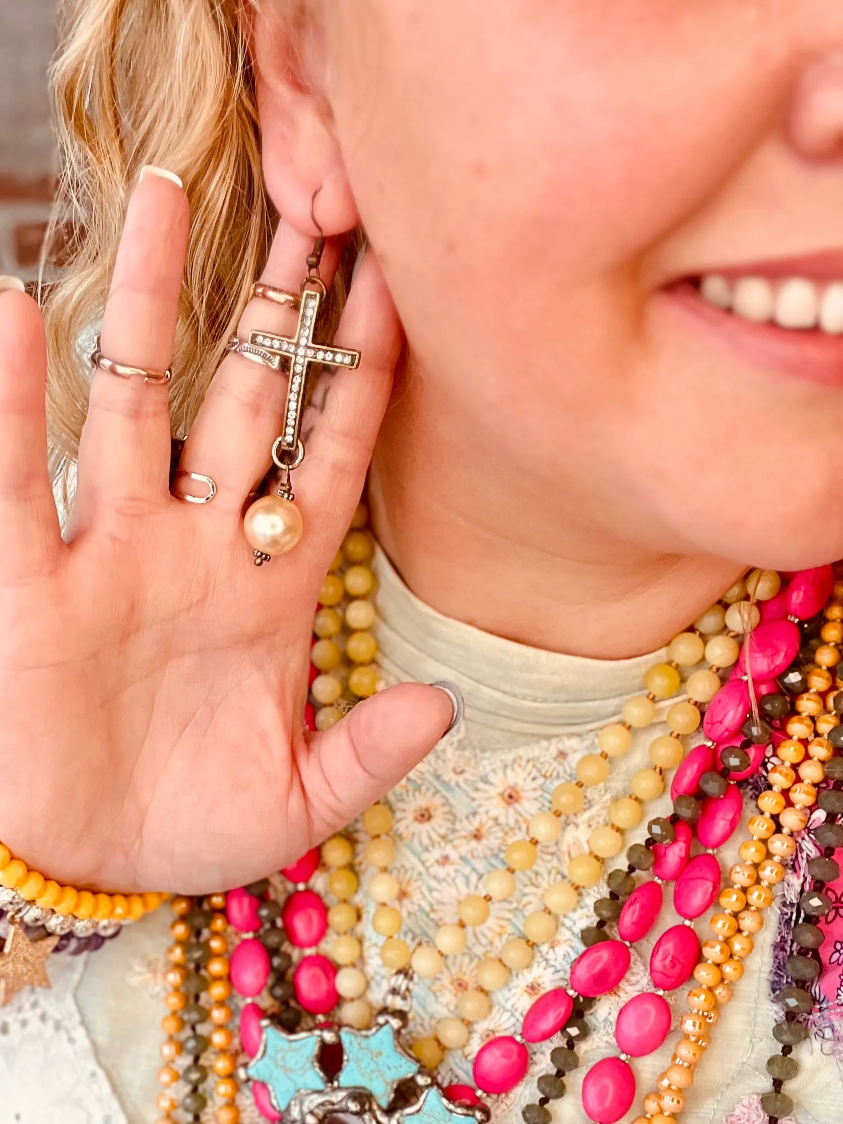 Antiqued Cross and Pearls Earrings