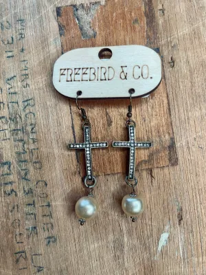 Antiqued Cross and Pearls Earrings