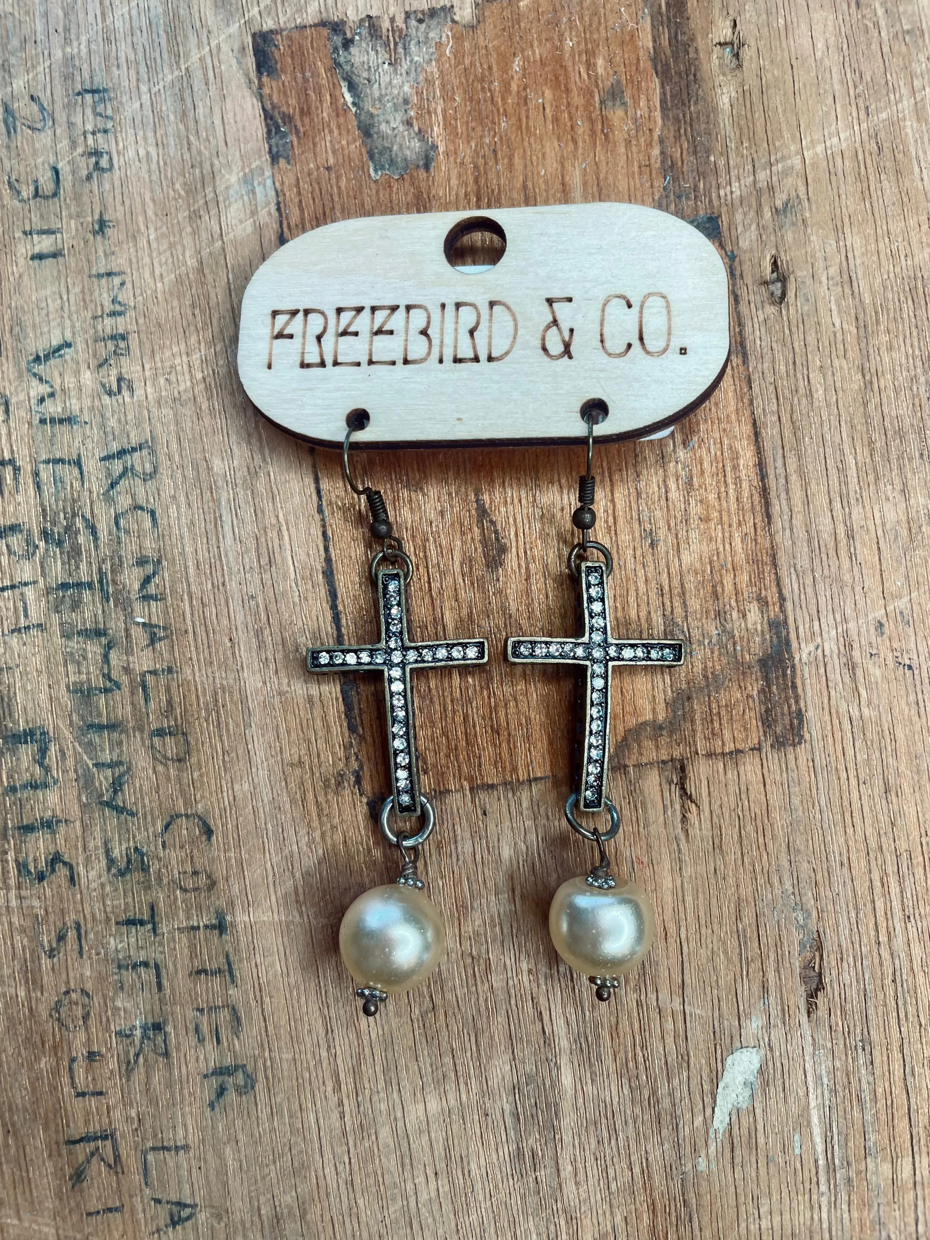 Antiqued Cross and Pearls Earrings