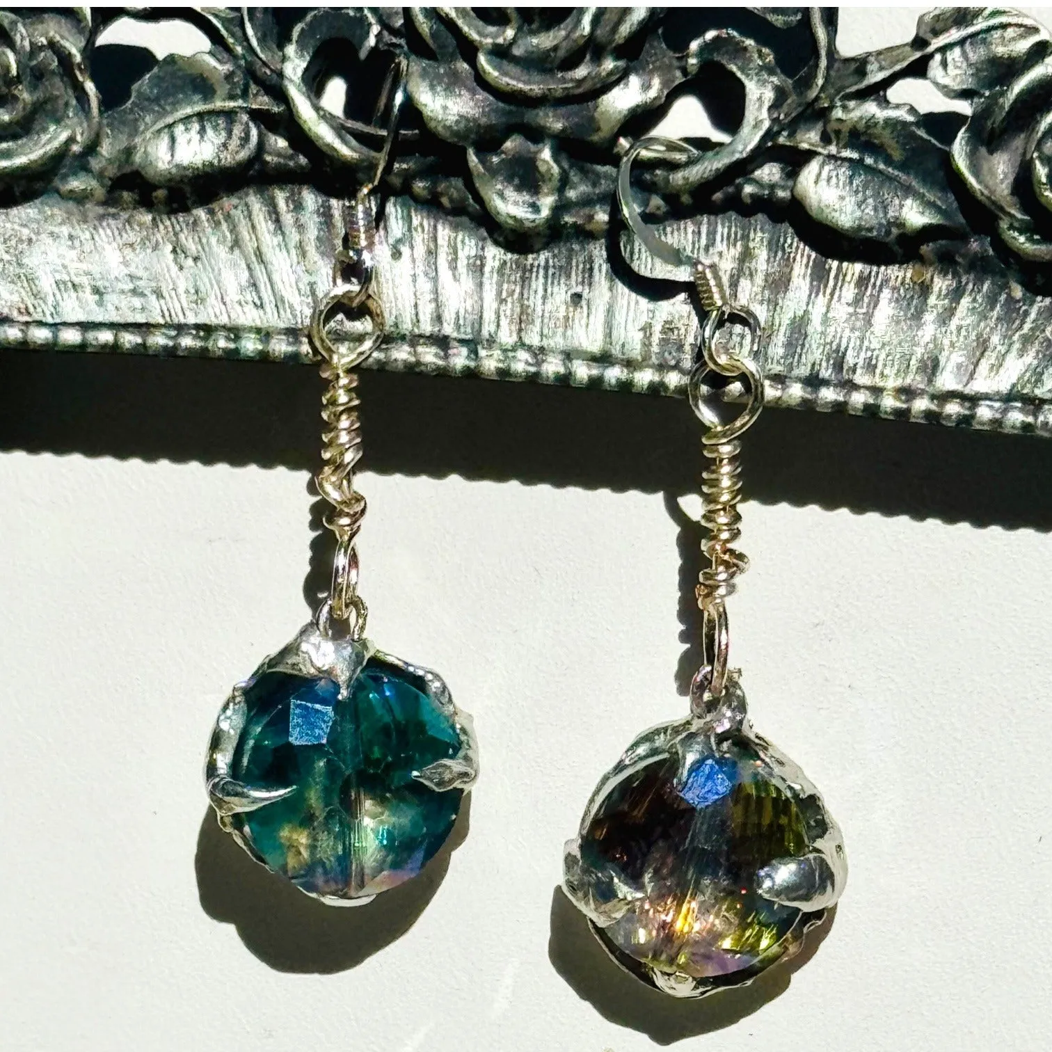 Artisan Crafted Aurora Borealis Crystal Dangle Earrings W Silver Blend Metalwork
