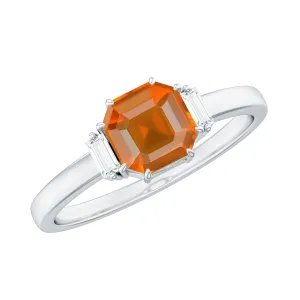 Asscher Cut Solitaire Fire Opal Engagement Ring with Diamond