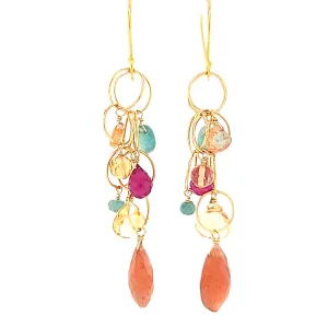 AVF Gold Sunstone, Ruby, Citrine & Grandidierite Loop Long Dangle Earrings (SI3754)