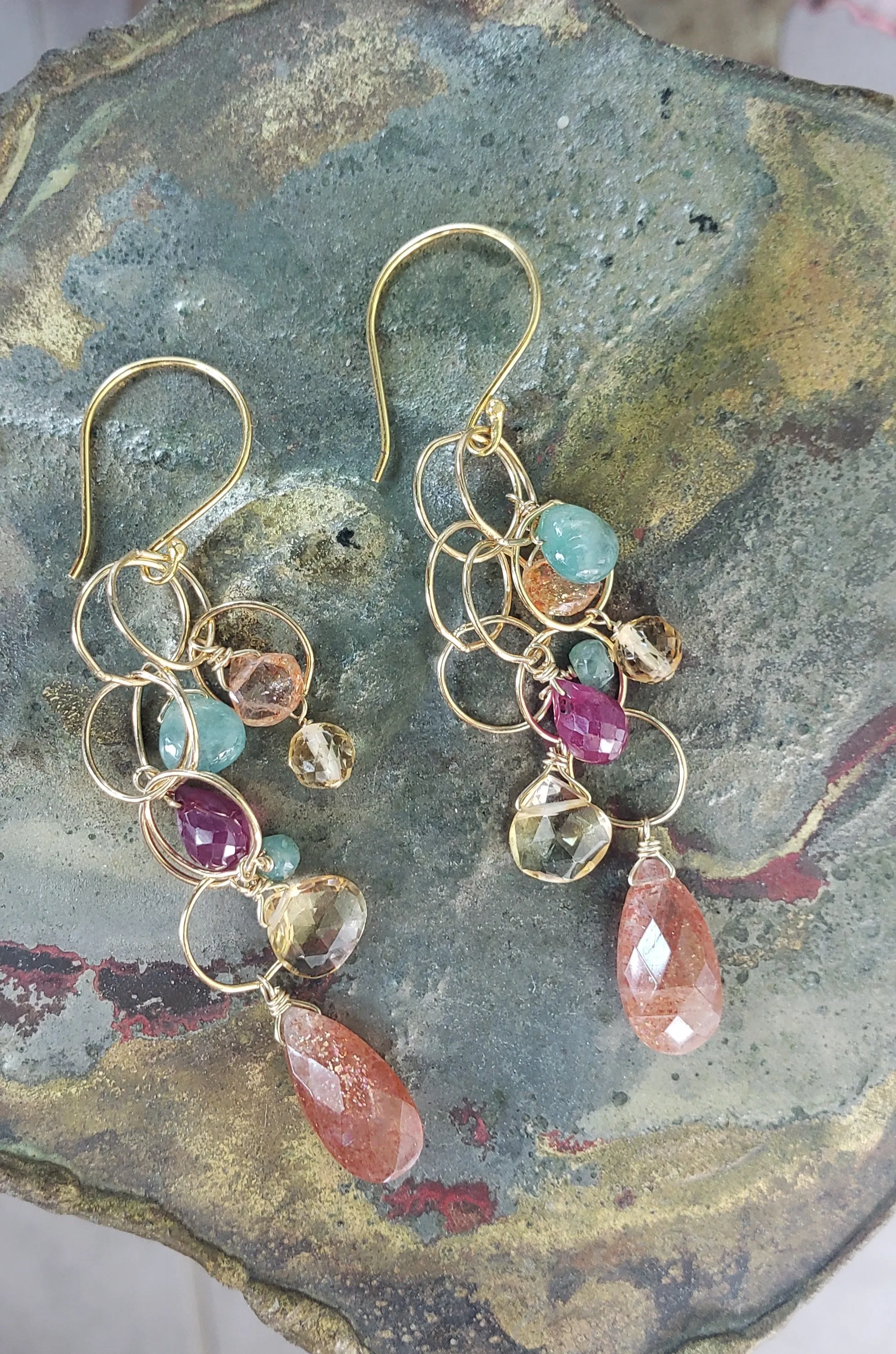 AVF Gold Sunstone, Ruby, Citrine & Grandidierite Loop Long Dangle Earrings (SI3754)