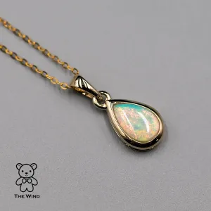 Beautiful Pear Shaped Australian Solid Opal Pendant Necklace 14k Yellow Gold