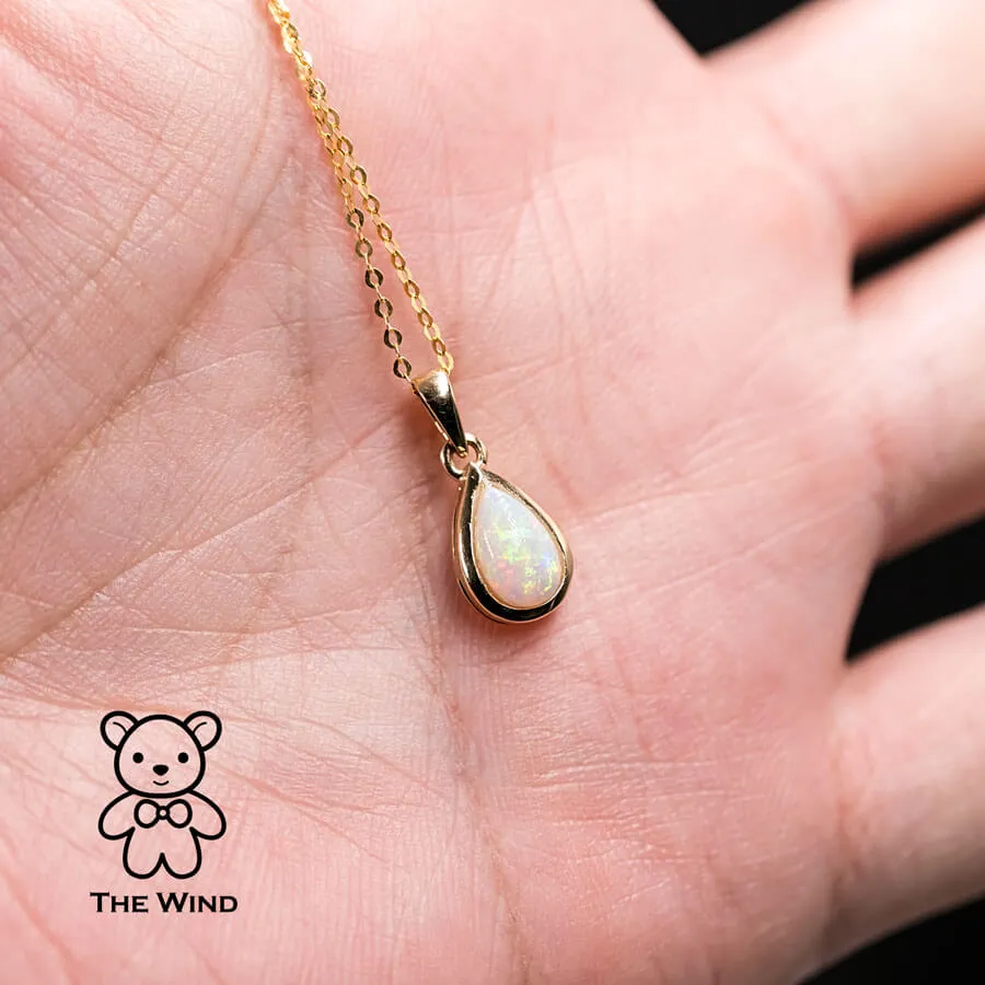 Beautiful Pear Shaped Australian Solid Opal Pendant Necklace 14k Yellow Gold