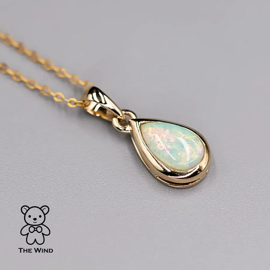 Beautiful Pear Shaped Australian Solid Opal Pendant Necklace 14k Yellow Gold