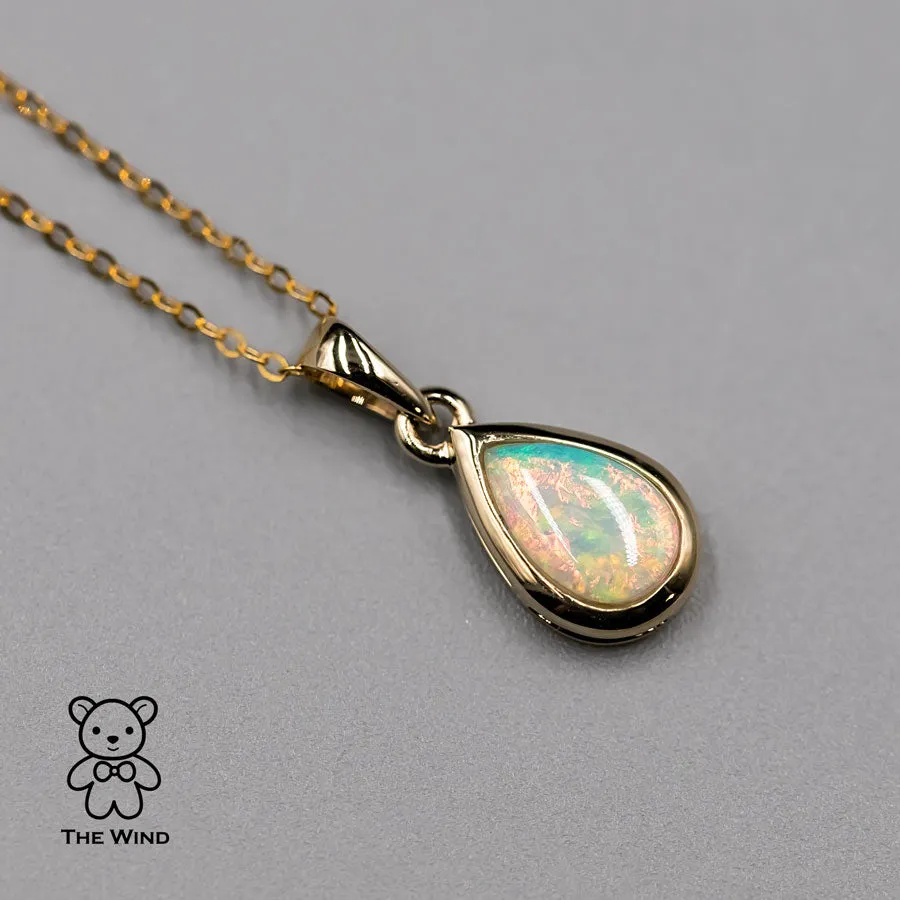 Beautiful Pear Shaped Australian Solid Opal Pendant Necklace 14k Yellow Gold