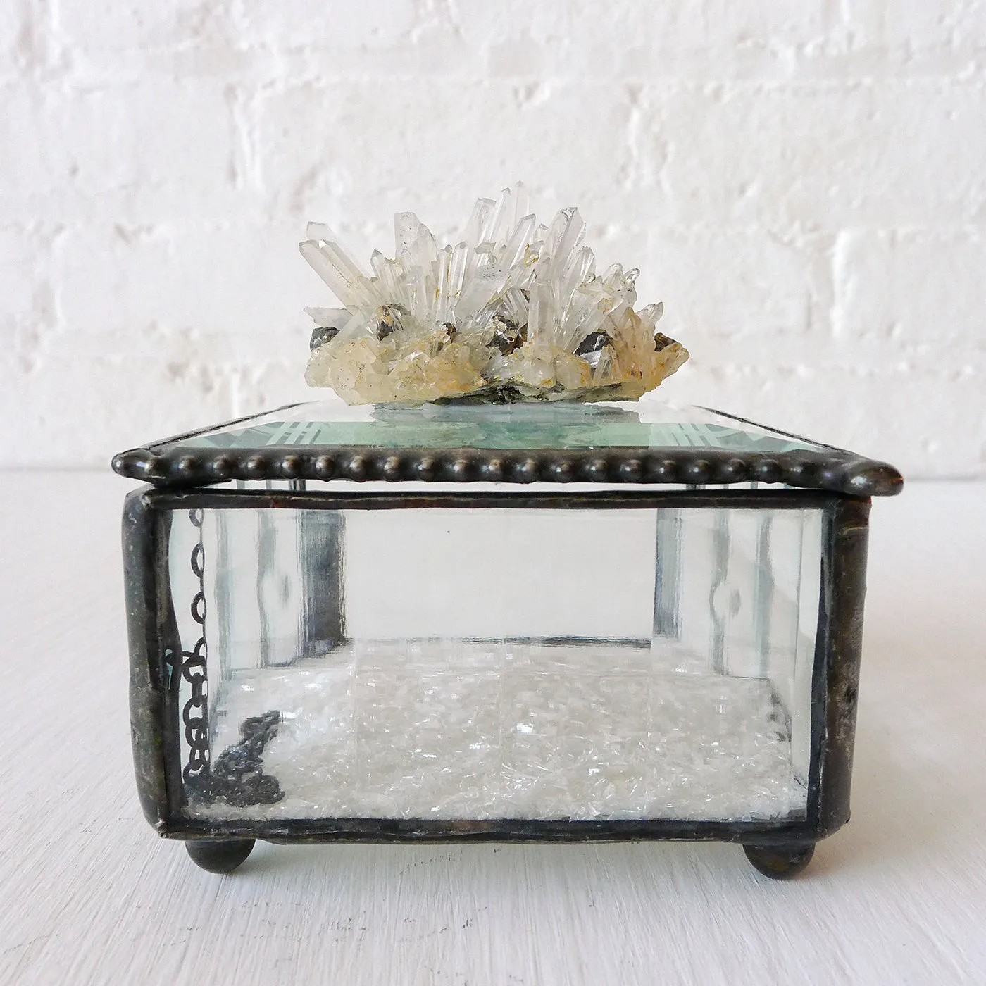 Beveled Glass Jewelry Box with Quartz Pyrite Matrix Crystal Cluster and Mica