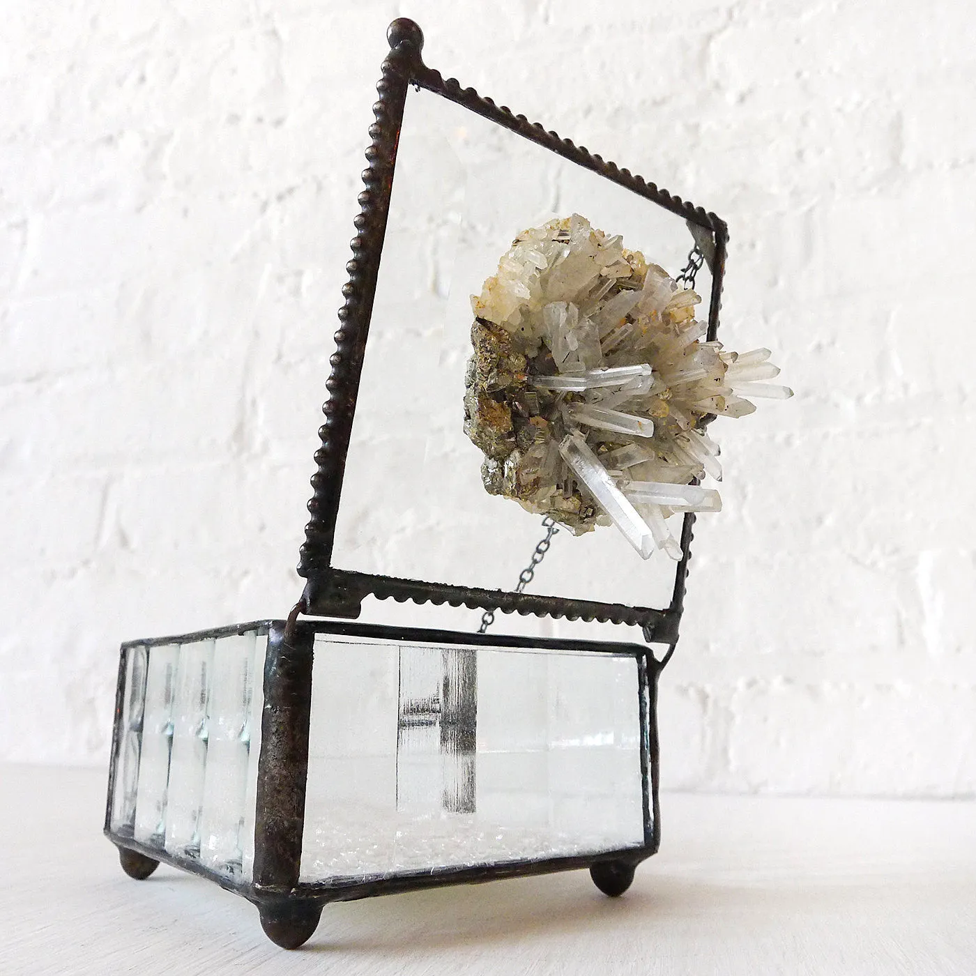 Beveled Glass Jewelry Box with Quartz Pyrite Matrix Crystal Cluster and Mica