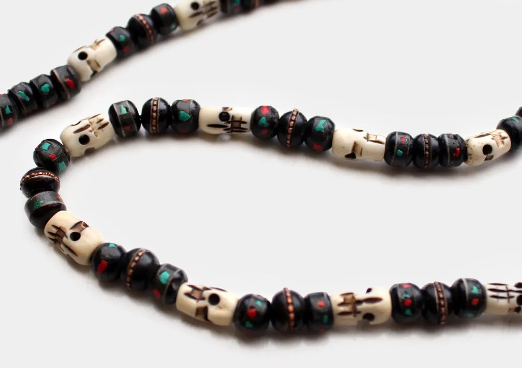 Black Bone Turquoise and Coral Inlaid Mala with Skull Counter