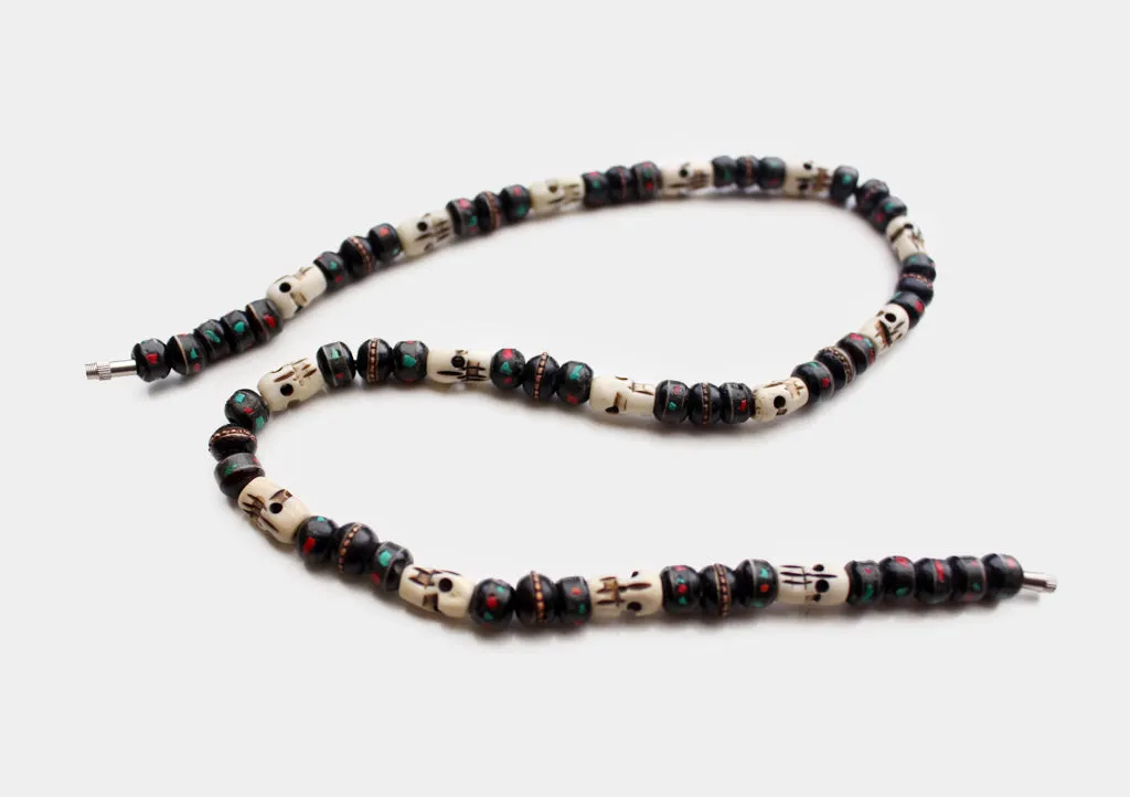 Black Bone Turquoise and Coral Inlaid Mala with Skull Counter