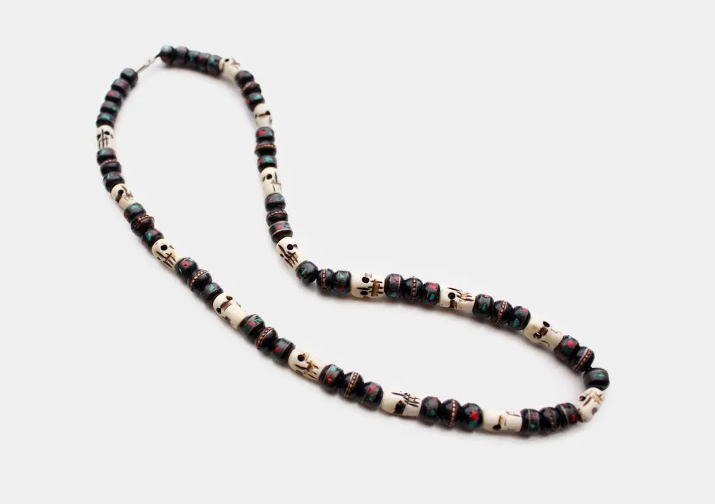 Black Bone Turquoise and Coral Inlaid Mala with Skull Counter