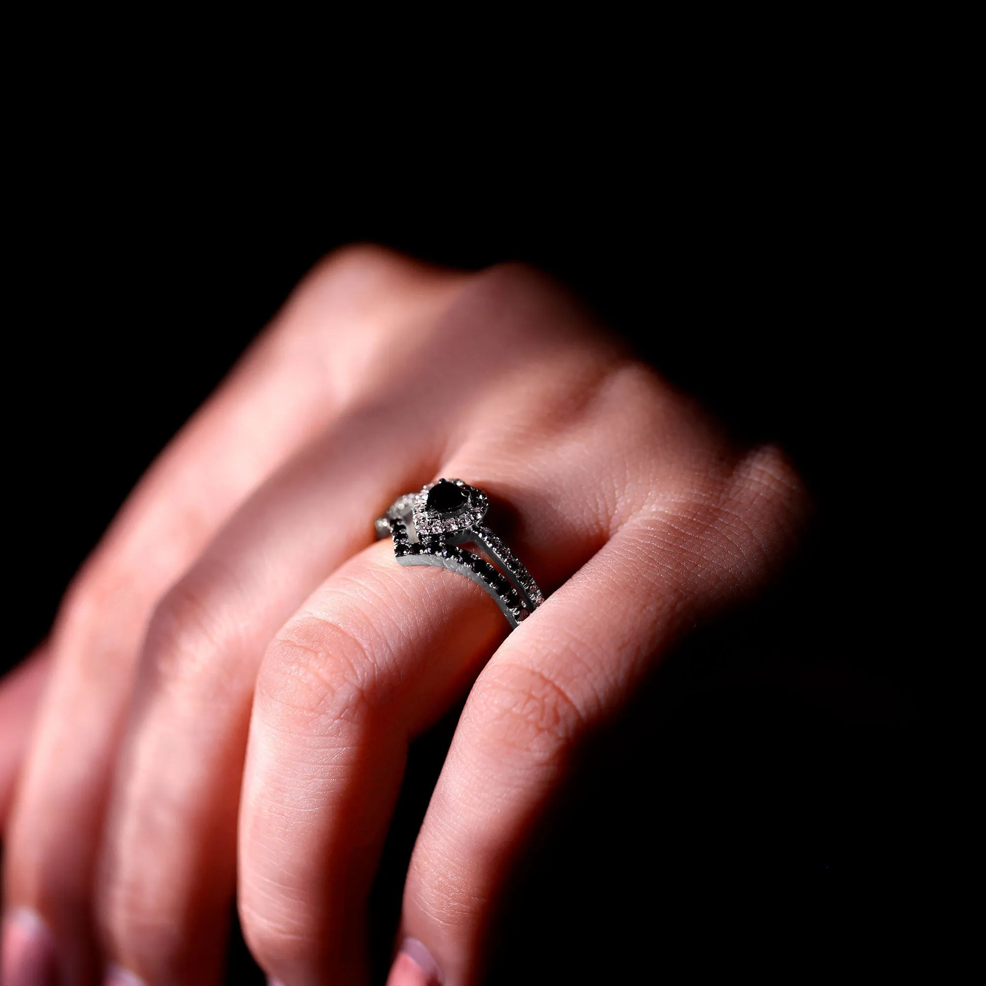 Black Onyx and Diamond Heart Wedding Ring Set