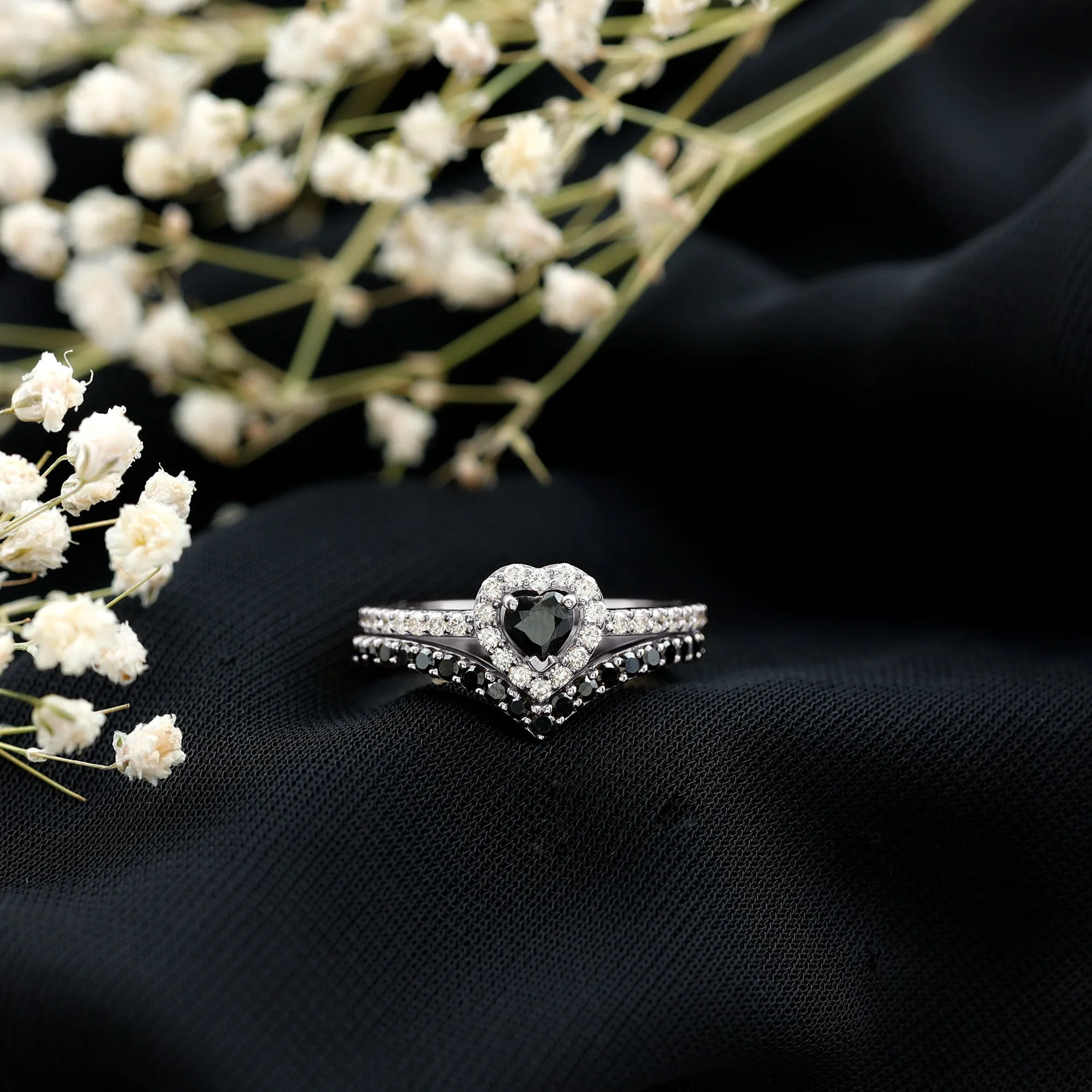 Black Onyx and Diamond Heart Wedding Ring Set