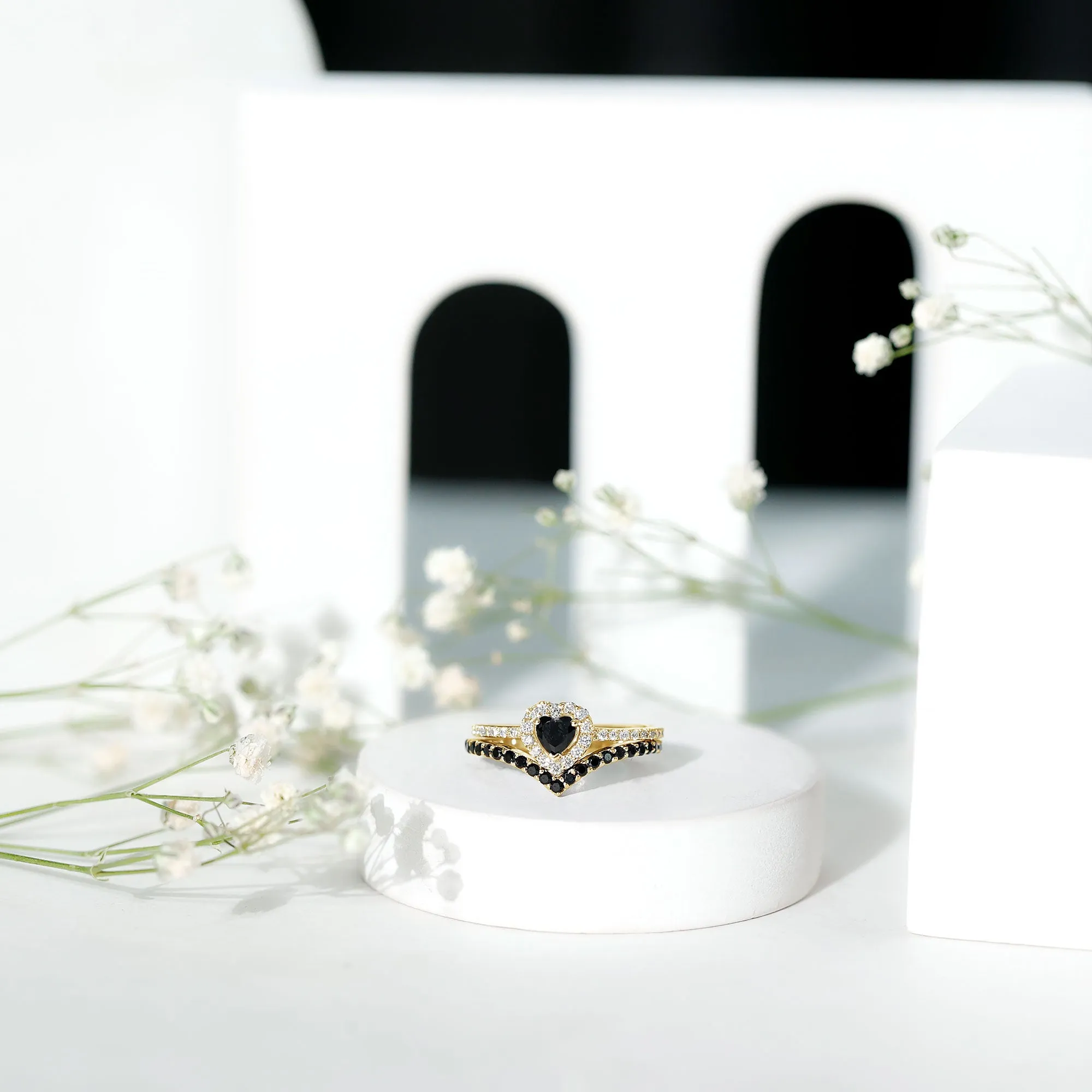 Black Onyx and Diamond Heart Wedding Ring Set