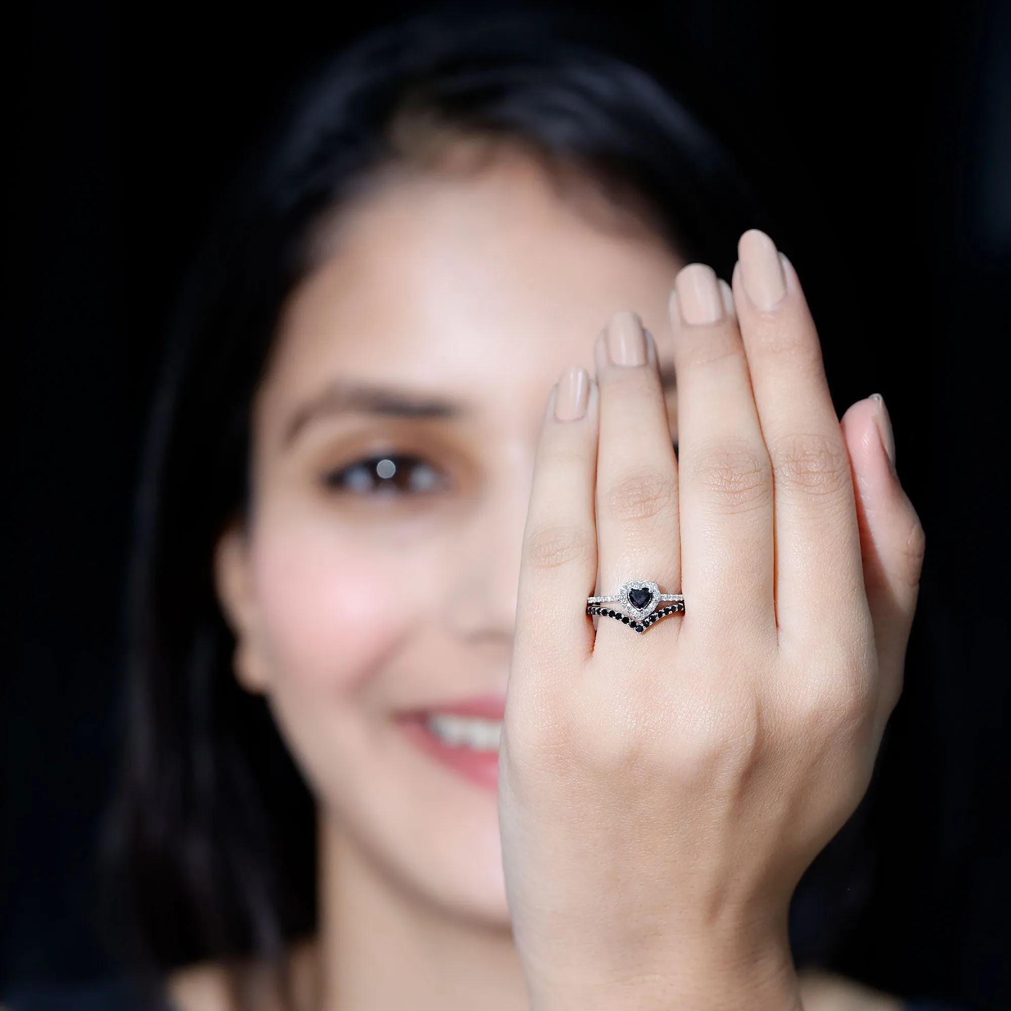 Black Onyx and Diamond Heart Wedding Ring Set