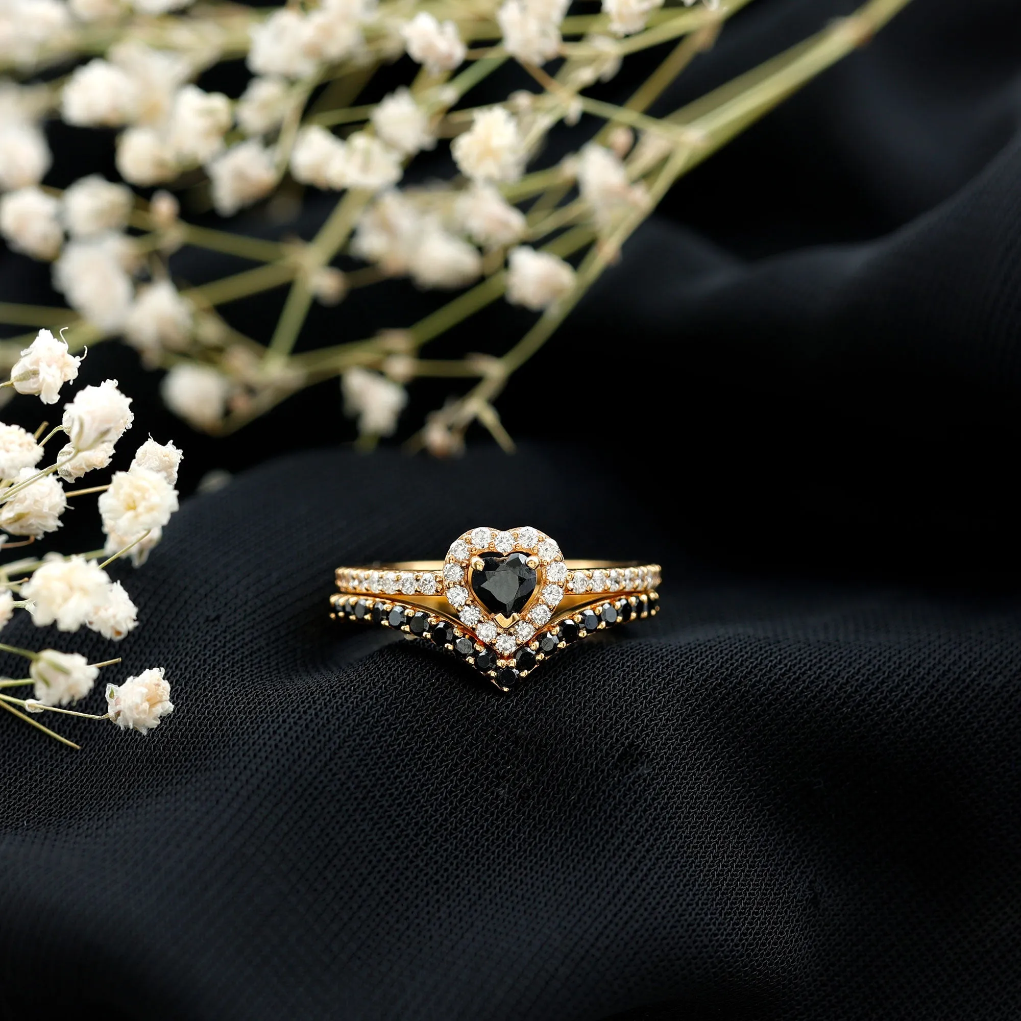Black Onyx and Diamond Heart Wedding Ring Set