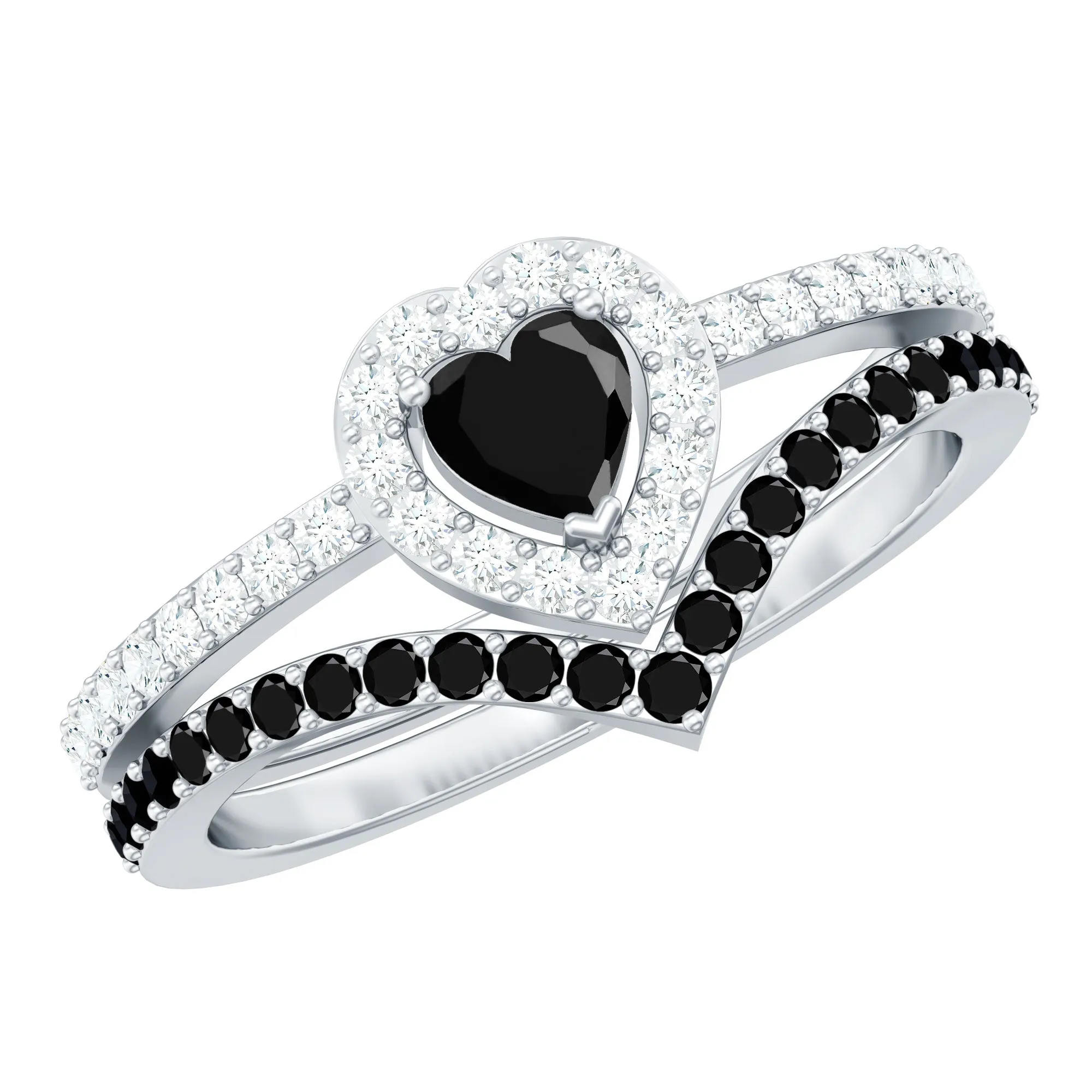 Black Onyx and Diamond Heart Wedding Ring Set