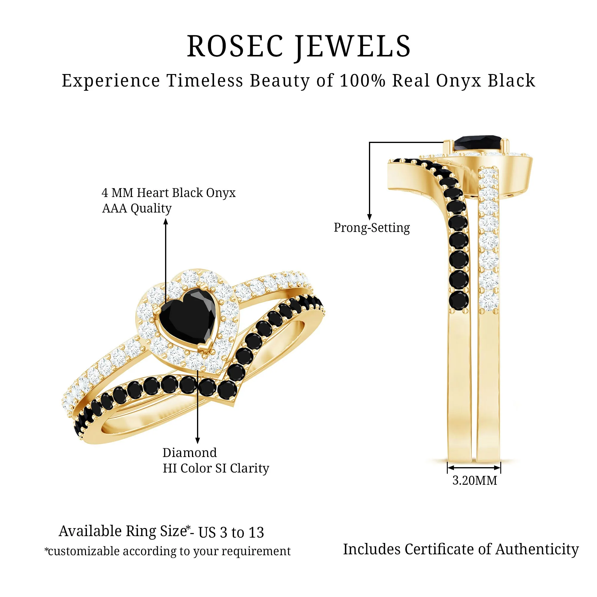 Black Onyx and Diamond Heart Wedding Ring Set