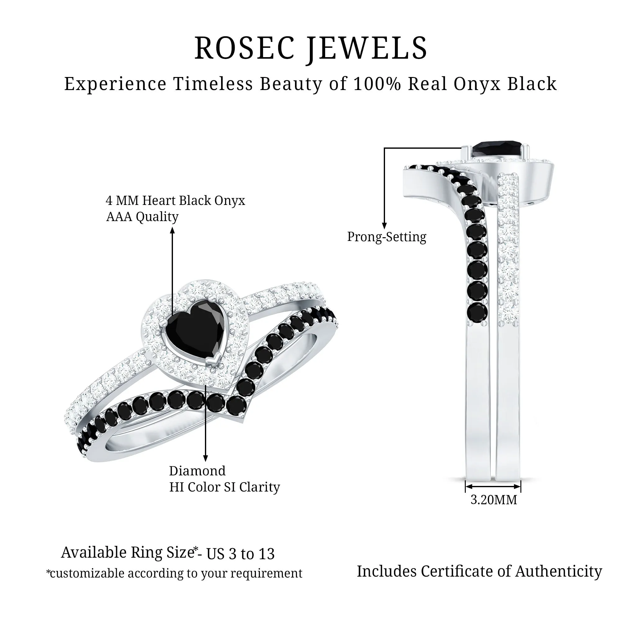 Black Onyx and Diamond Heart Wedding Ring Set