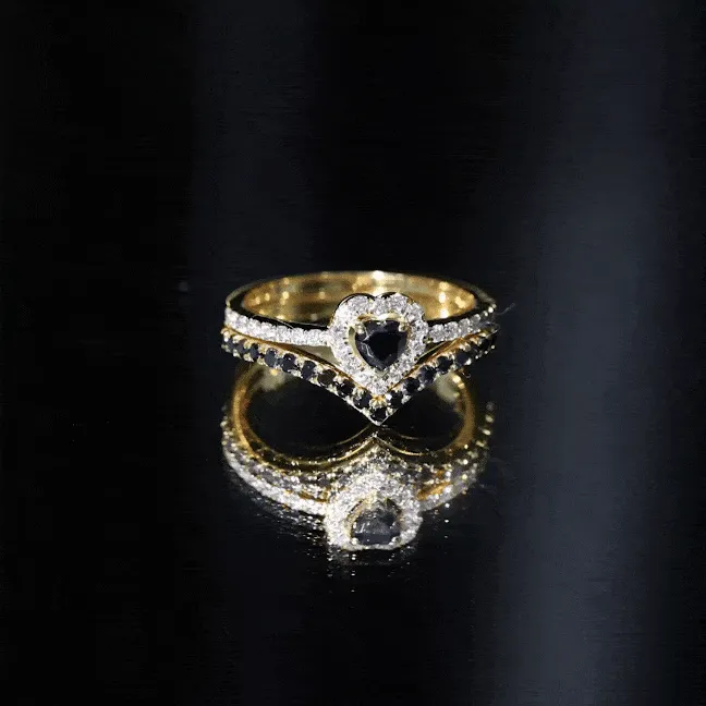Black Onyx and Diamond Heart Wedding Ring Set