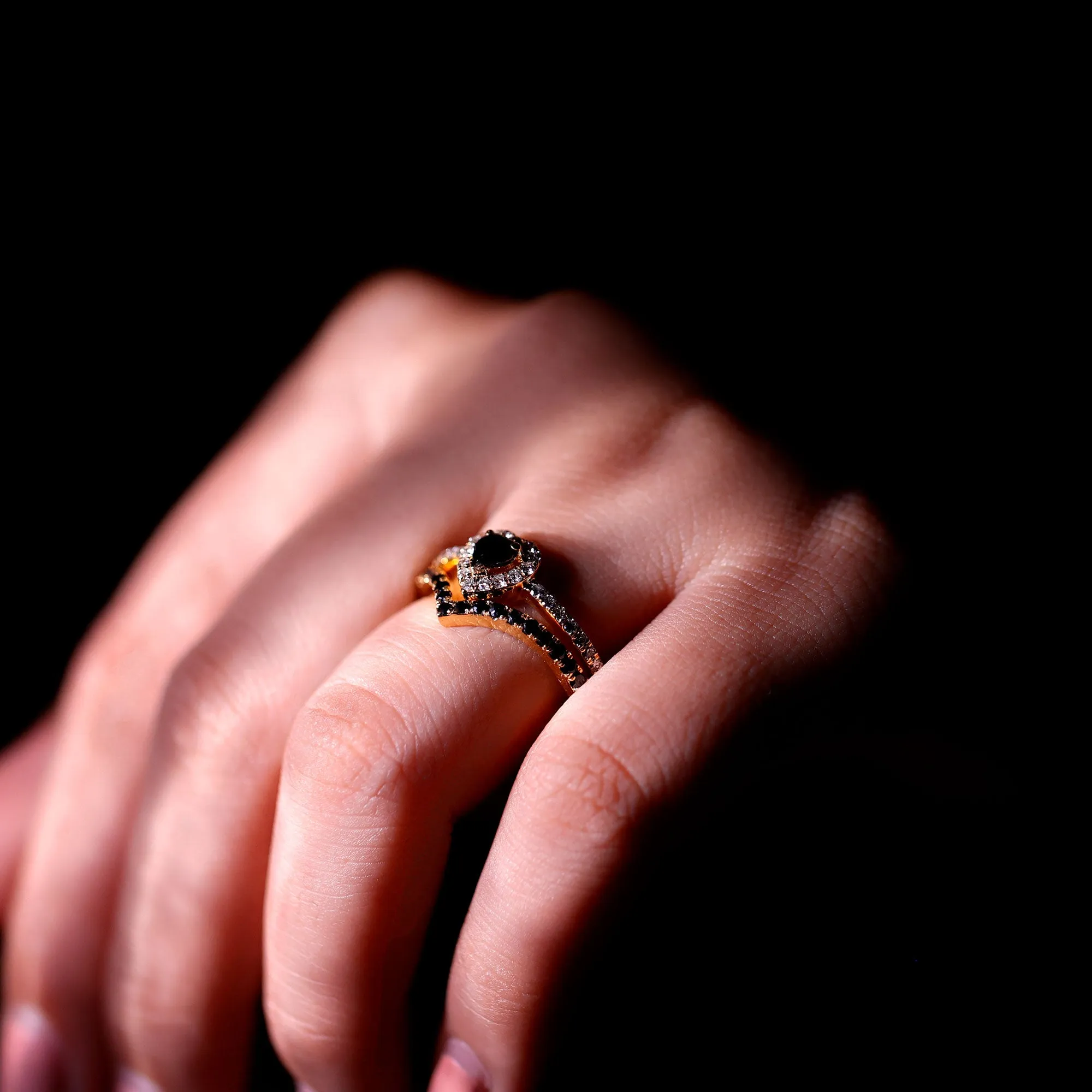 Black Onyx and Diamond Heart Wedding Ring Set