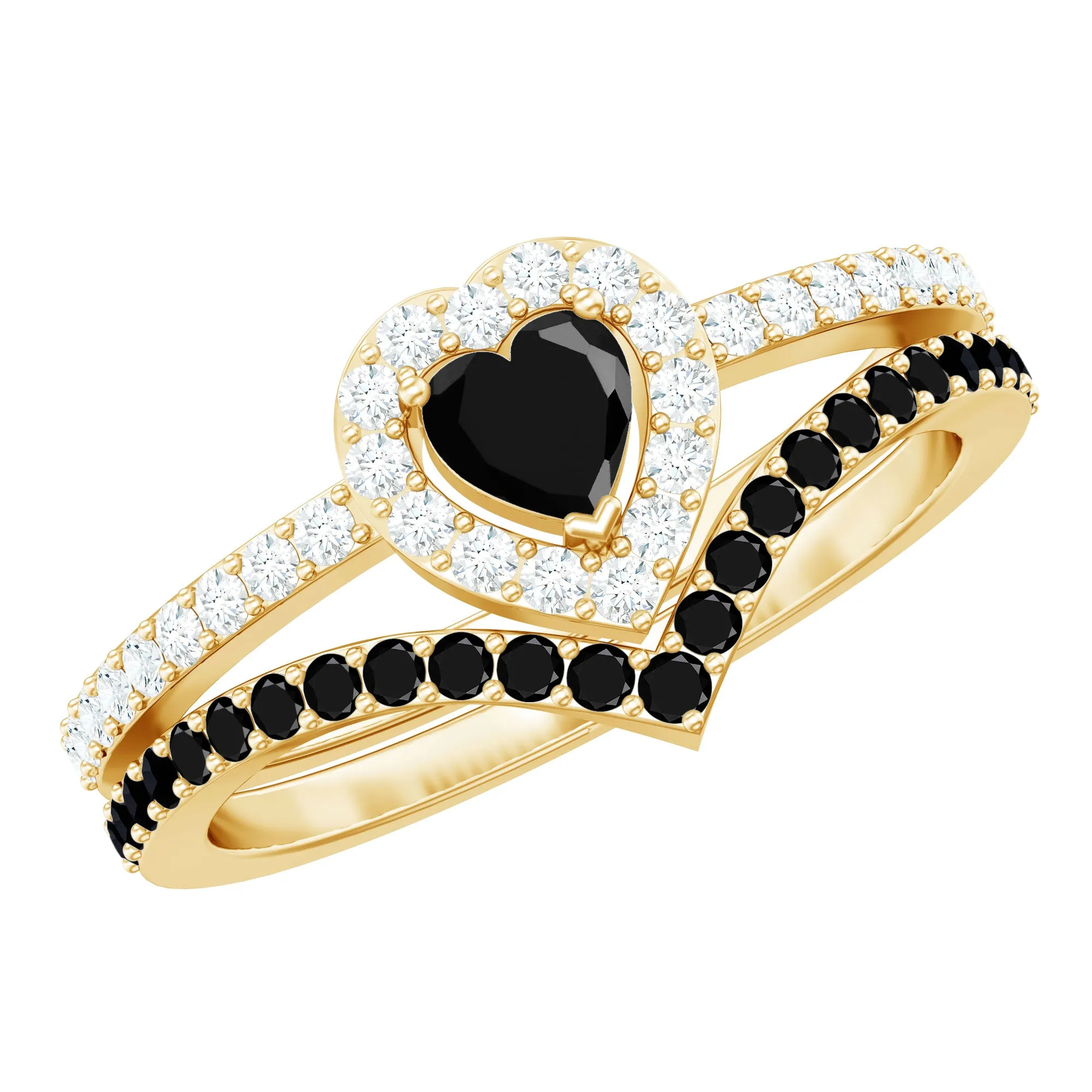 Black Onyx and Diamond Heart Wedding Ring Set