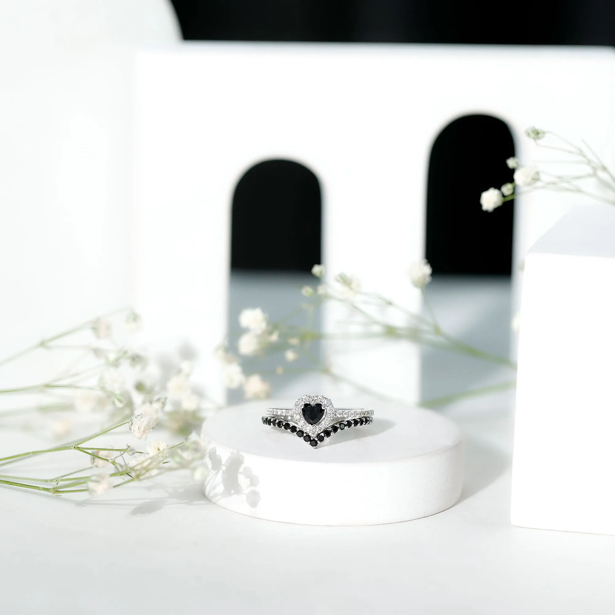 Black Onyx and Diamond Heart Wedding Ring Set