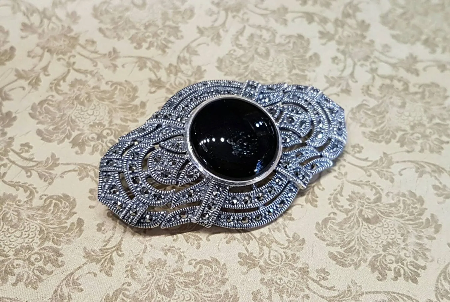 Black Onyx Brooch Art Deco Style