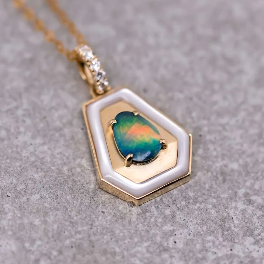 Black Opal Necklace Trapezoid Shaped Pendant 18k Yellow Gold