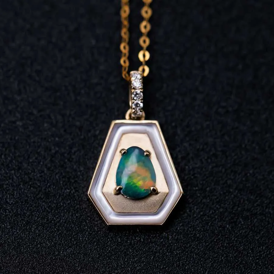 Black Opal Necklace Trapezoid Shaped Pendant 18k Yellow Gold