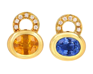Blue and Yellow Sapphire Earrings, 8.00 Carats