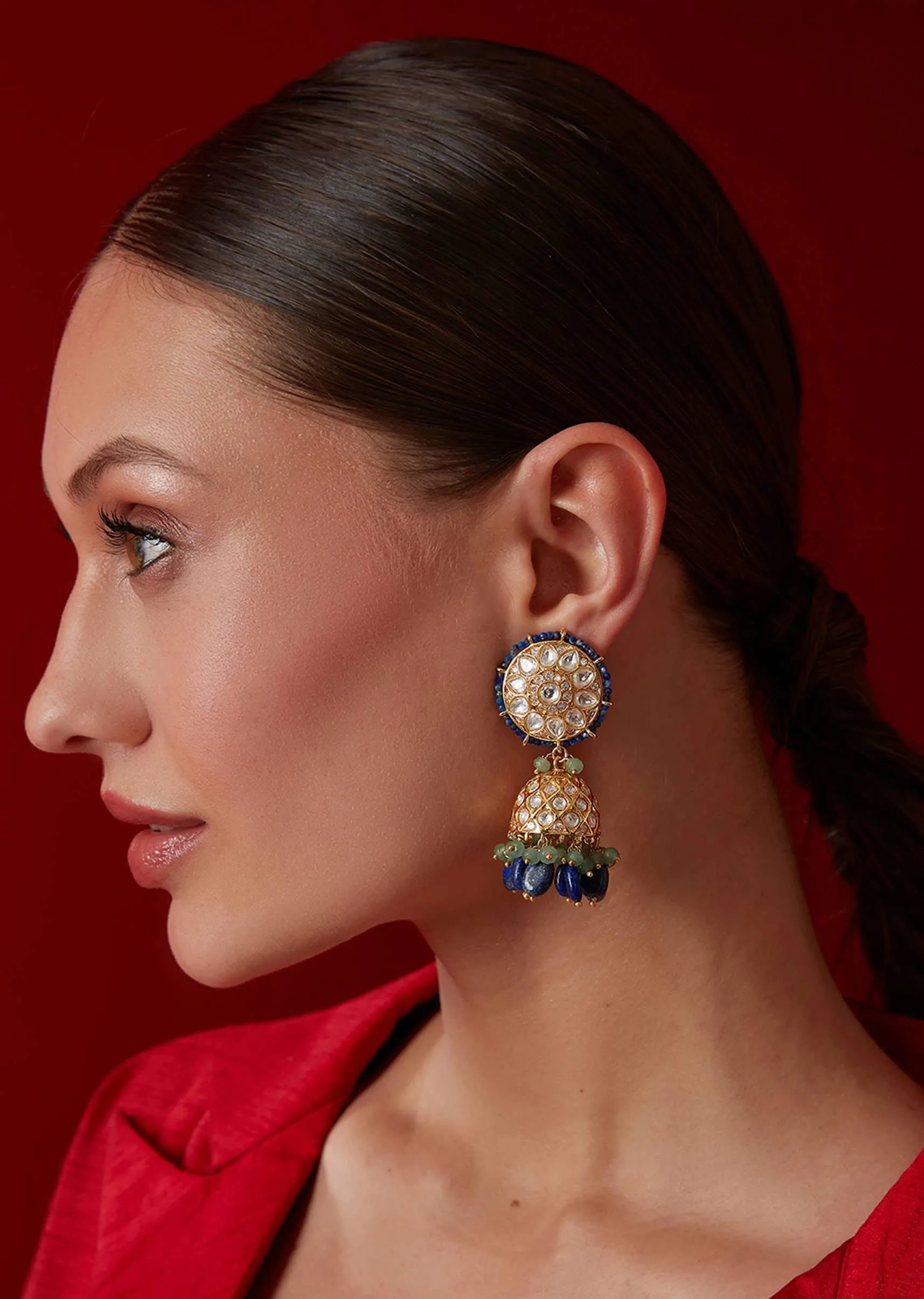 Blue Polki Jhumkas In Gold Plated Silver Alloy
