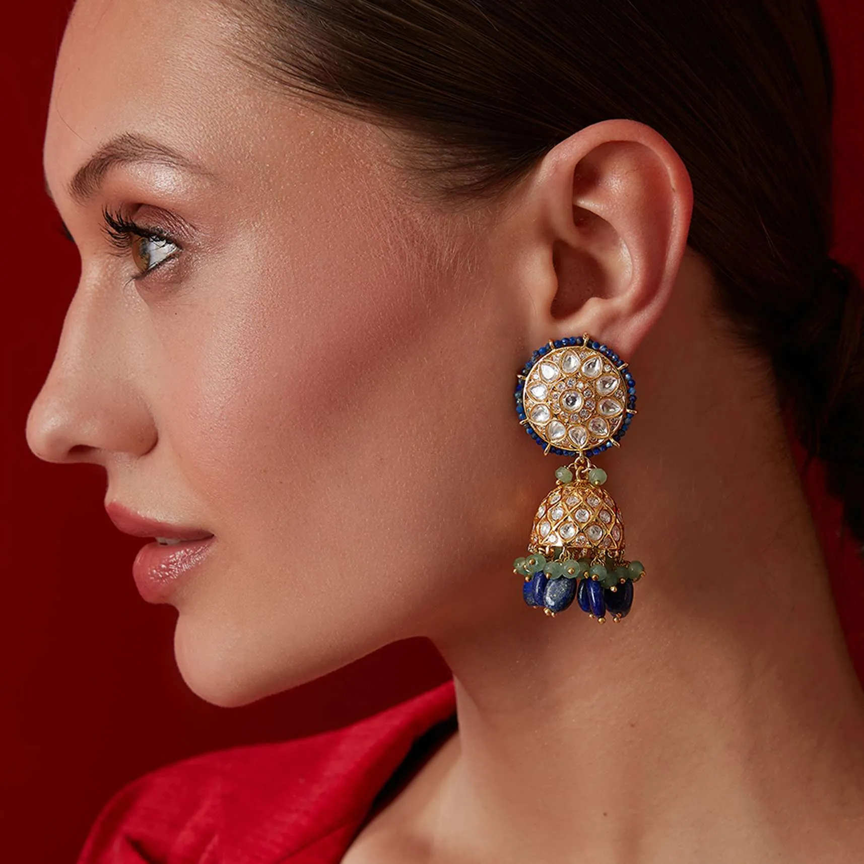 Blue Polki Jhumkas In Gold Plated Silver Alloy