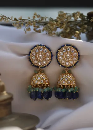 Blue Polki Jhumkas In Gold Plated Silver Alloy