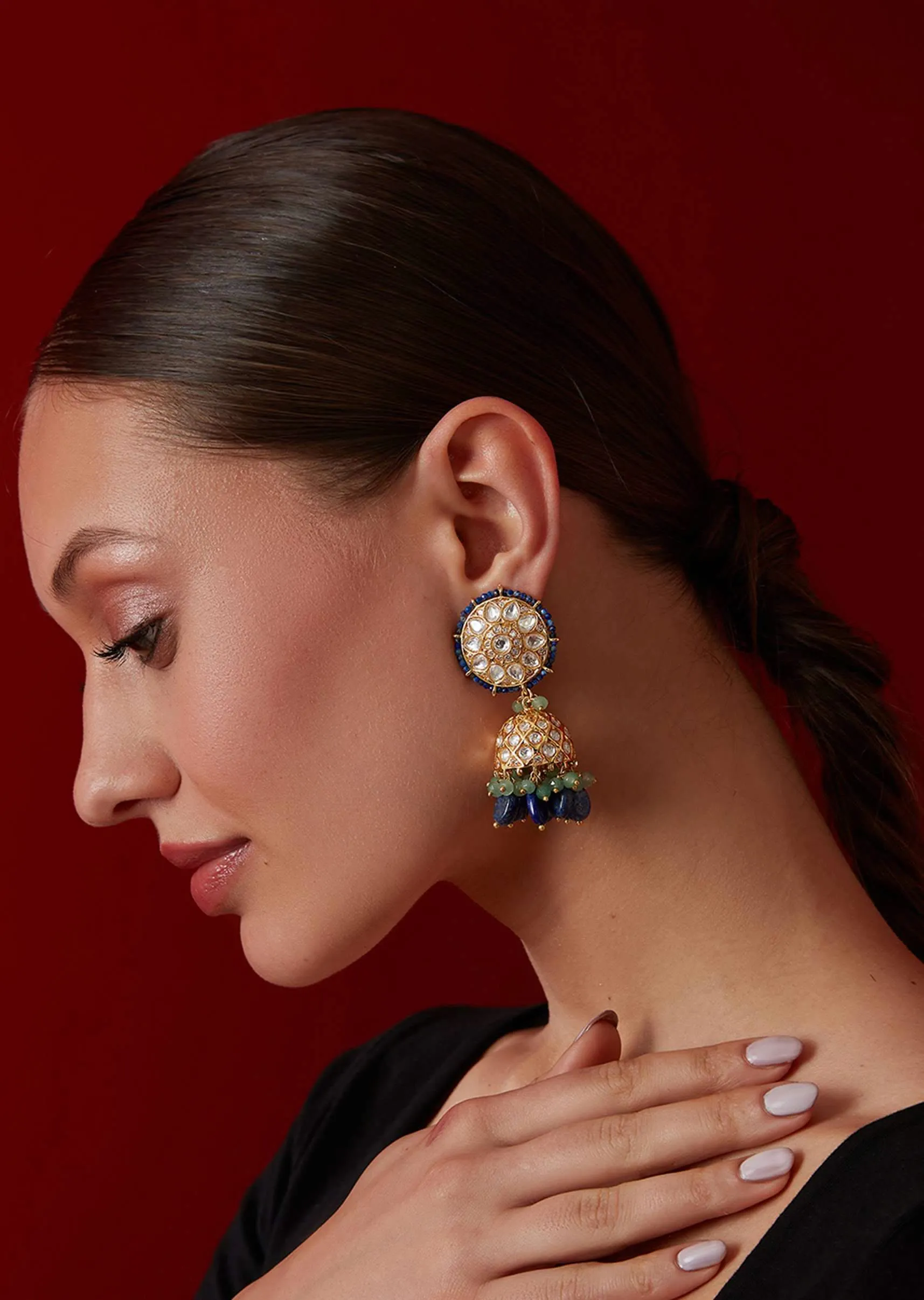 Blue Polki Jhumkas In Gold Plated Silver Alloy