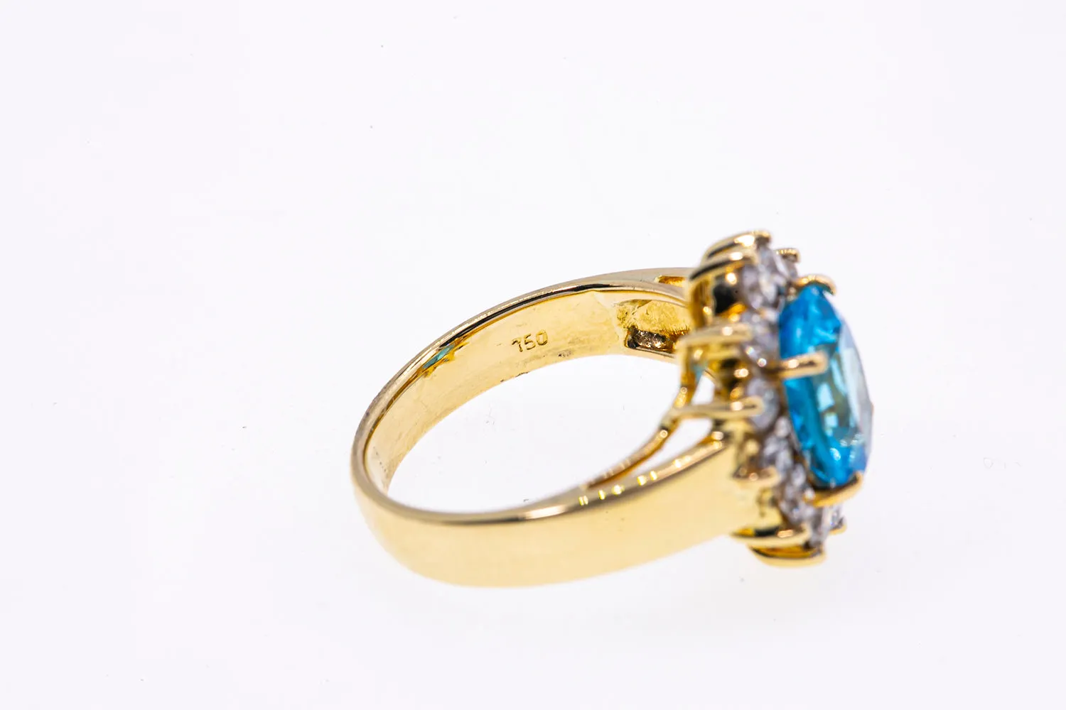Blue Topaz Diamond Halo Cluster Band 18K 750 Yellow Gold Cocktail Ring Sz 6 1/2
