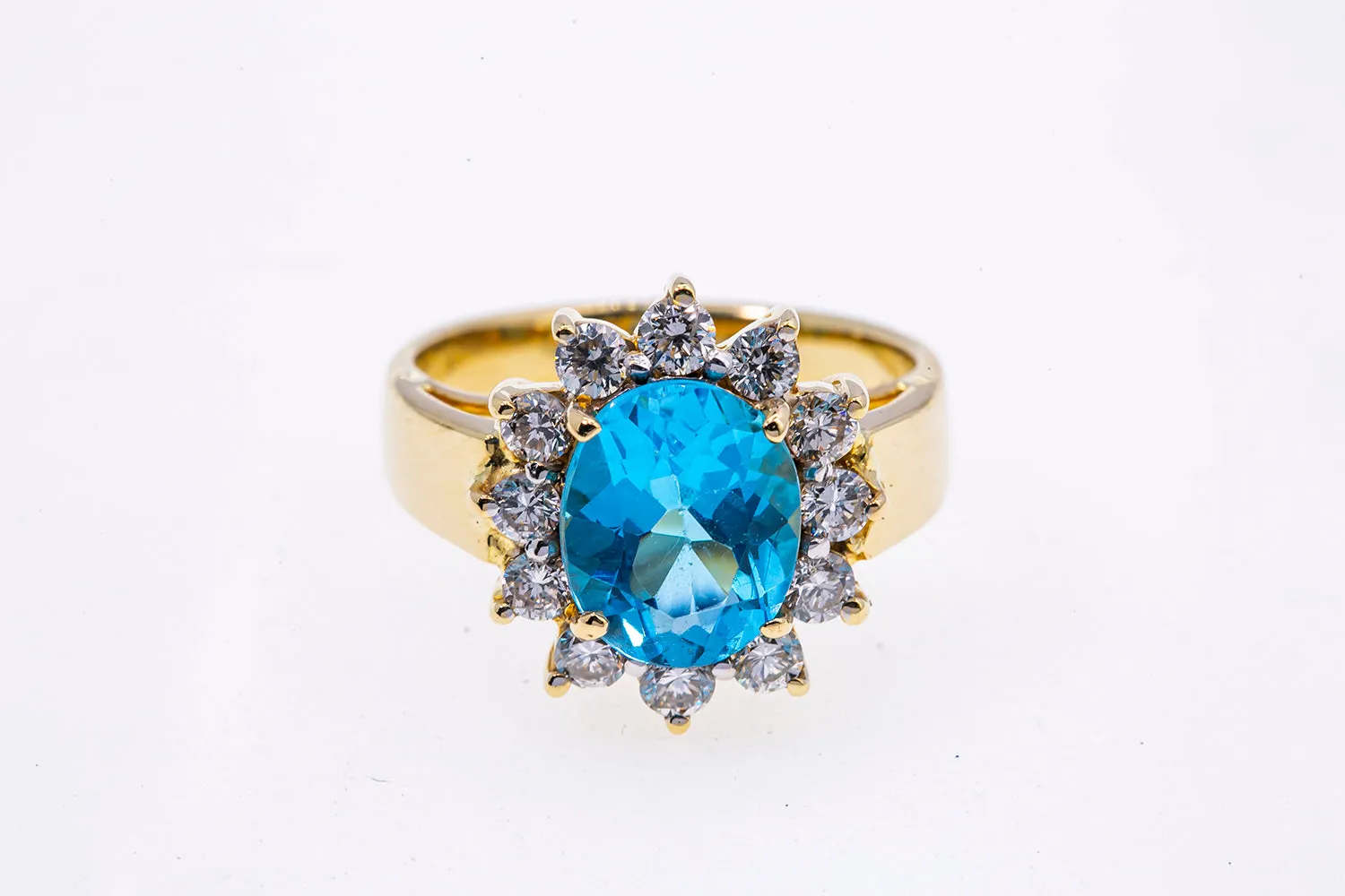 Blue Topaz Diamond Halo Cluster Band 18K 750 Yellow Gold Cocktail Ring Sz 6 1/2