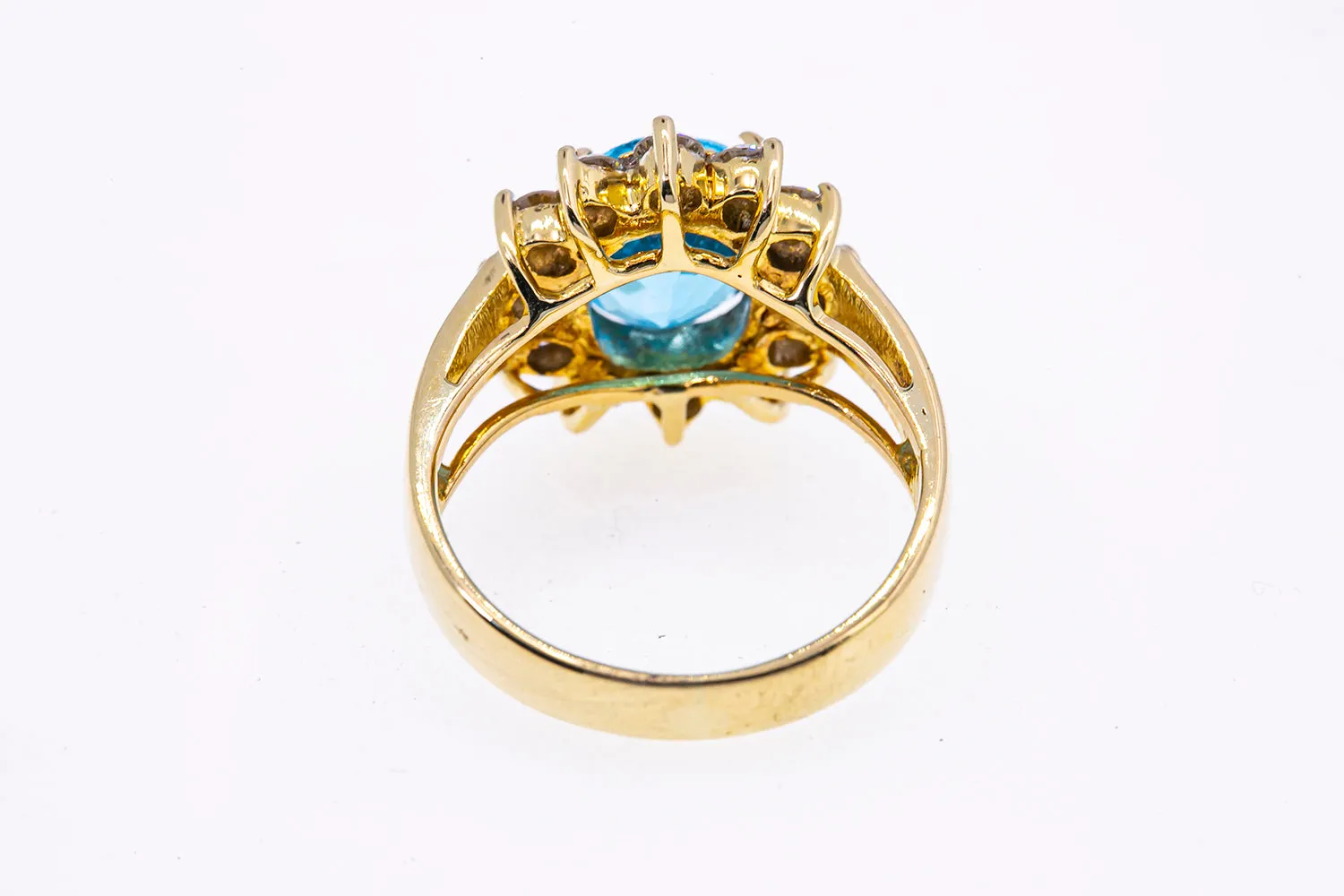 Blue Topaz Diamond Halo Cluster Band 18K 750 Yellow Gold Cocktail Ring Sz 6 1/2