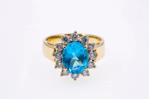 Blue Topaz Diamond Halo Cluster Band 18K 750 Yellow Gold Cocktail Ring Sz 6 1/2