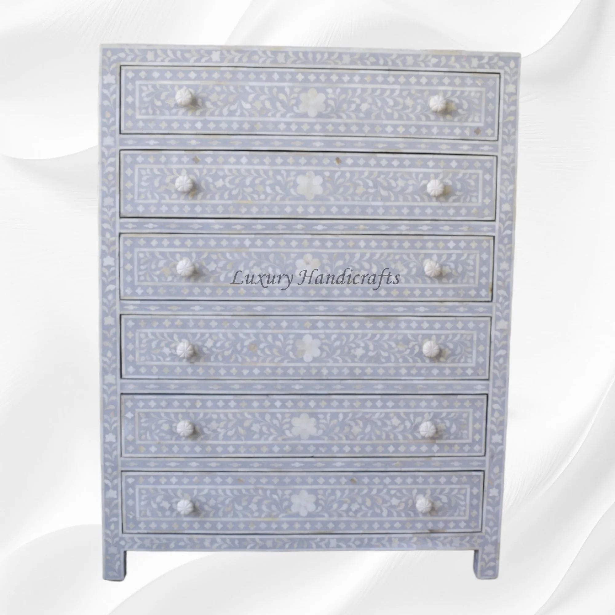 Bone Inlay 6 Drawer Chest Floral Design Dove Grey
