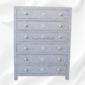Bone Inlay 6 Drawer Chest Floral Design Dove Grey