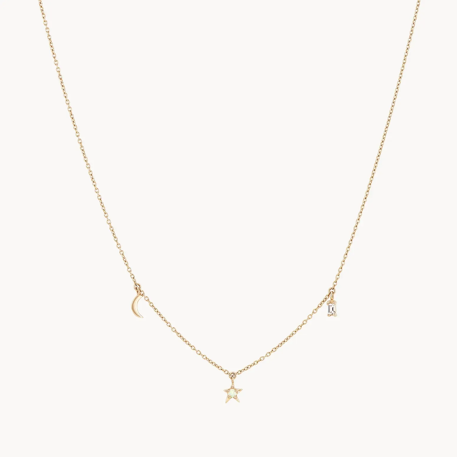 Bright star baguette necklace - yellow gold, diamond, opal