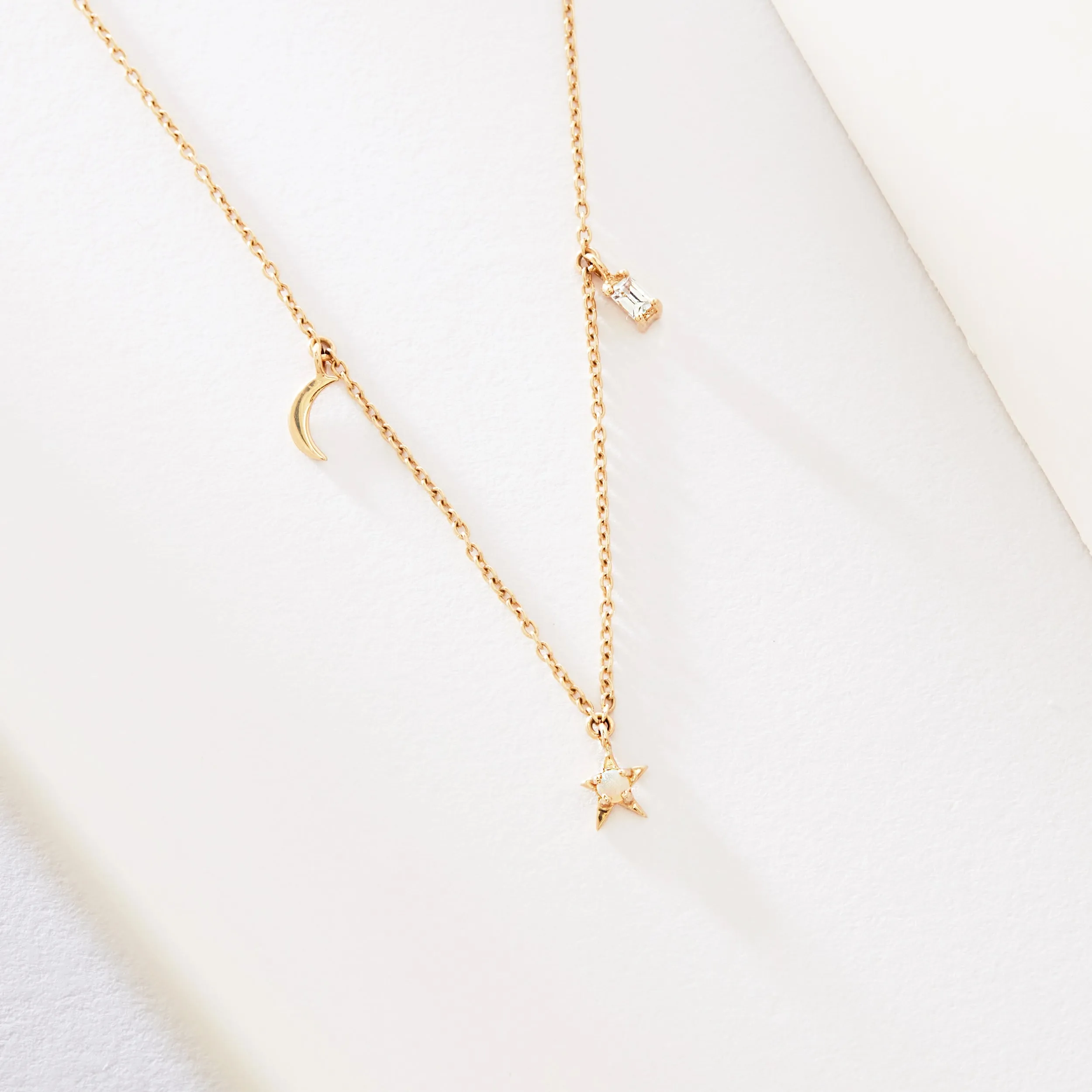 Bright star baguette necklace - yellow gold, diamond, opal