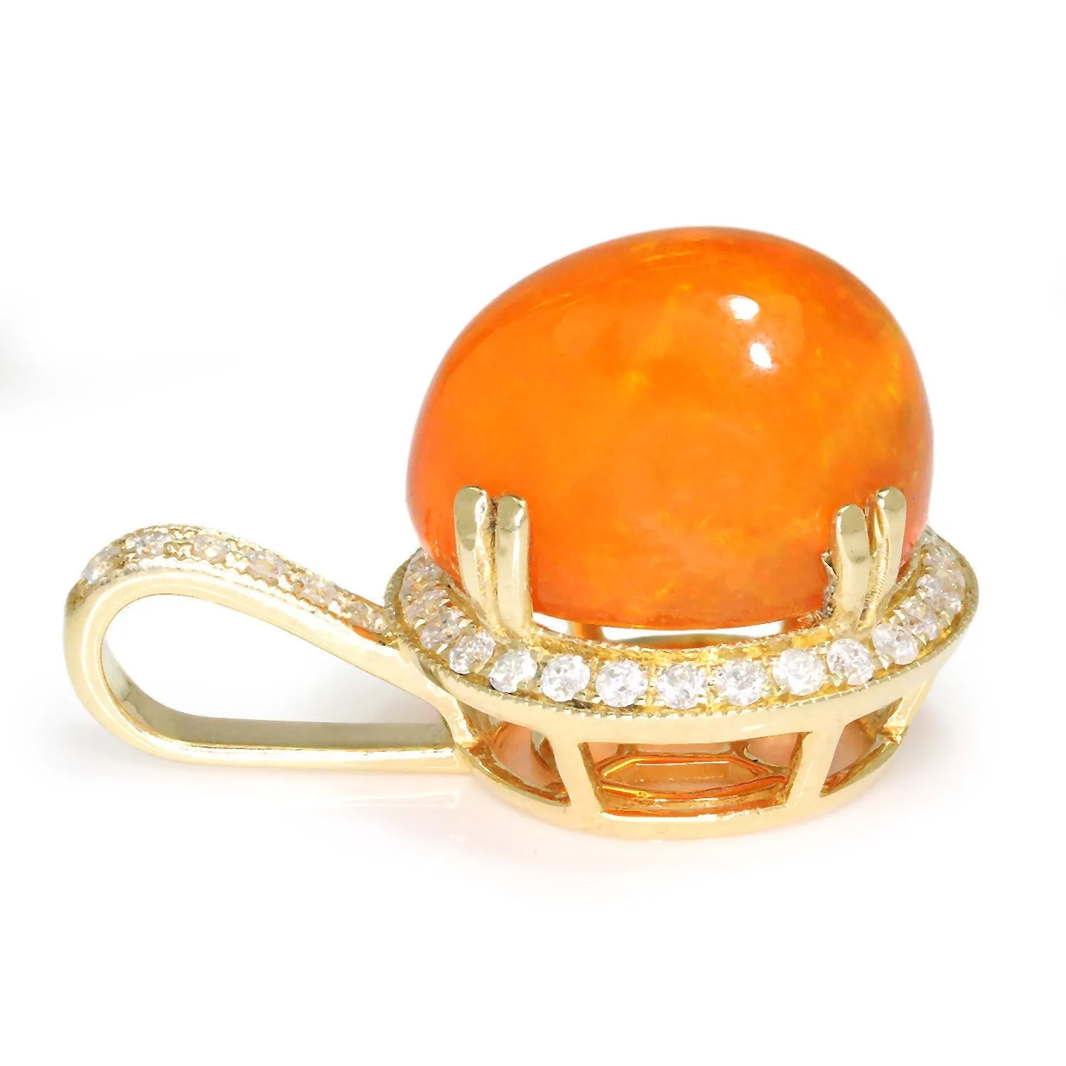 Cabochon Fire Opal Pendant with Diamonds Yellow Gold 10.12ct