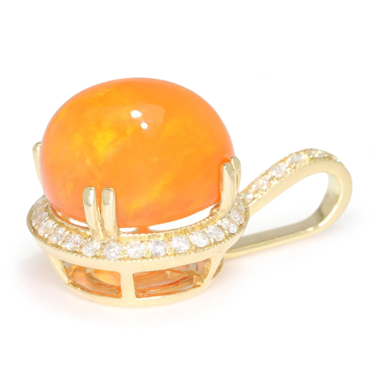 Cabochon Fire Opal Pendant with Diamonds Yellow Gold 10.12ct