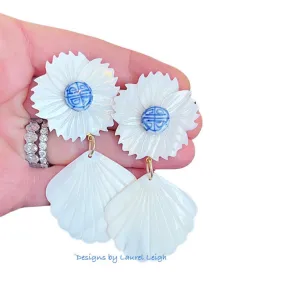 Chinoiserie Floral Pearl Shell Drop Earrings